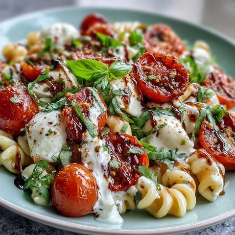 Fresh summer pasta salad with cherry tomatoes, mozzarella, and basil, drizzled with balsamic glaze for a vibrant, refreshing dish.