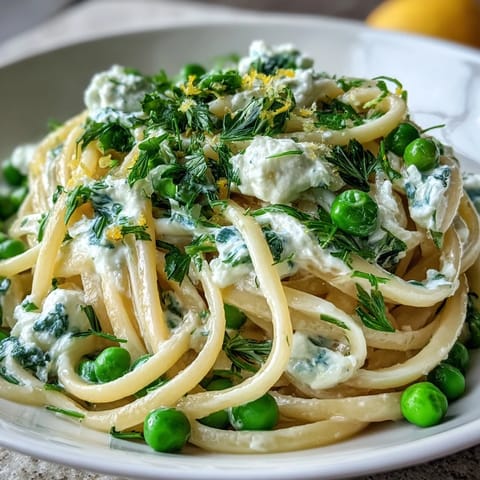 Creamy ricotta lemon linguine with peas, bright with citrus zest and Parmesan, a fresh spring pasta delight.