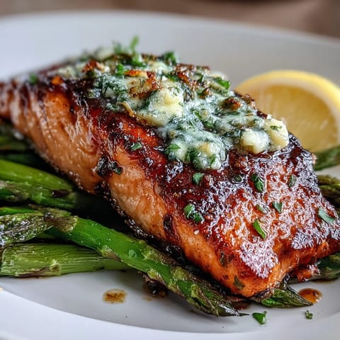 Garlic Butter Salmon with Asparagus sizzling in a skillet, coated in rich, aromatic garlic butter sauce and paired with bright green asparagus spears.