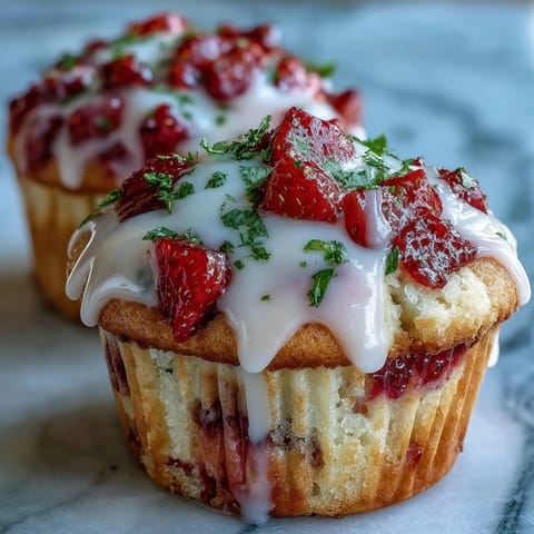 Golden strawberry lemon muffins topped with a glossy citrus glaze, bursting with juicy berries and fresh lemon zest.