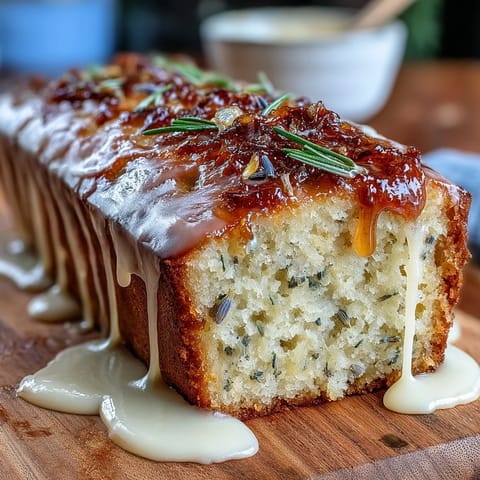 Lemon Lavender Loaf Cake, a golden slice drizzled with sticky honey glaze.