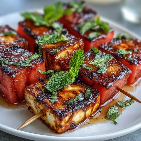 Grilled Halloumi and Watermelon Skewers with mint, showcasing sweet, charred cubes.