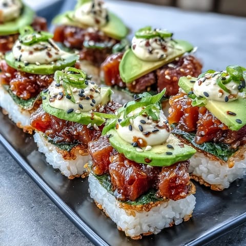 Viral appetizer featuring spicy tuna crispy rice bites, garnished with sesame.