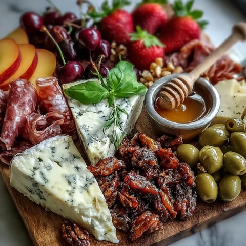 Colorful summer charcuterie board with ripe fruit, cheese, and dripping honey.