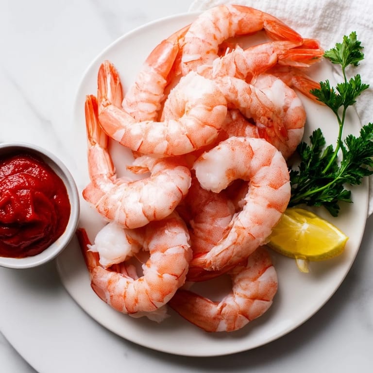 A stunning presentation of shrimp cocktail, perfectly cooked shrimp with a tangy homemade cocktail sauce.