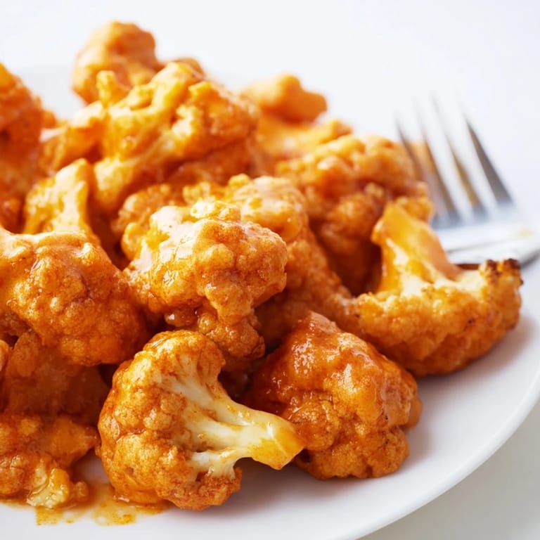 Close-up of baked Buffalo Cauliflower Wings, showcasing the tender florets and vibrant sauce coating.