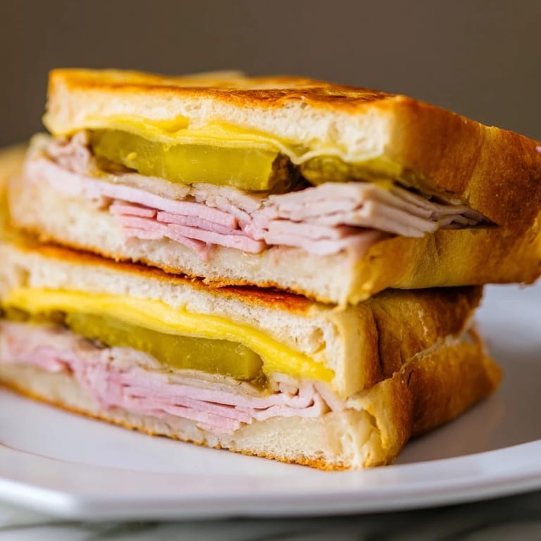 Mouthwatering image of a golden-brown, pressed Cuban sandwich ready to be sliced and enjoyed.