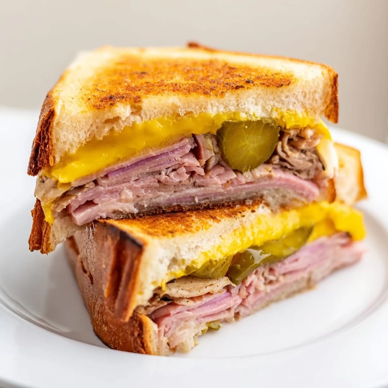 Grilled Cuban sandwich featuring crusty bread, Swiss cheese, and savory meats, perfect for lunch.