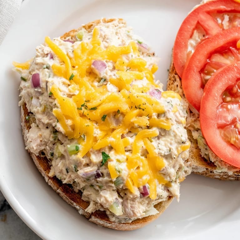 Delicious tuna melt slices, layered with creamy tuna and perfectly melted cheese, ready to eat.