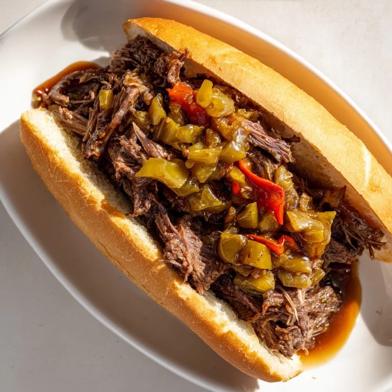 Close-up of a delectable Italian Beef Sandwich: tender beef, pickled vegetables, and a toasted roll.