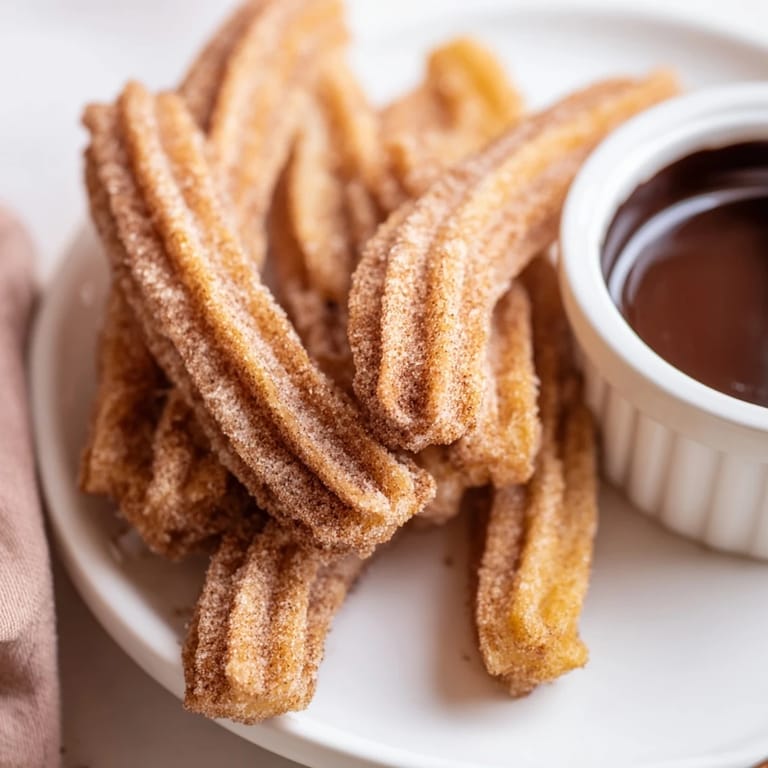 Freshly fried churros, that classic Spanish dessert, shown on a plate with warm, decadent chocolate.