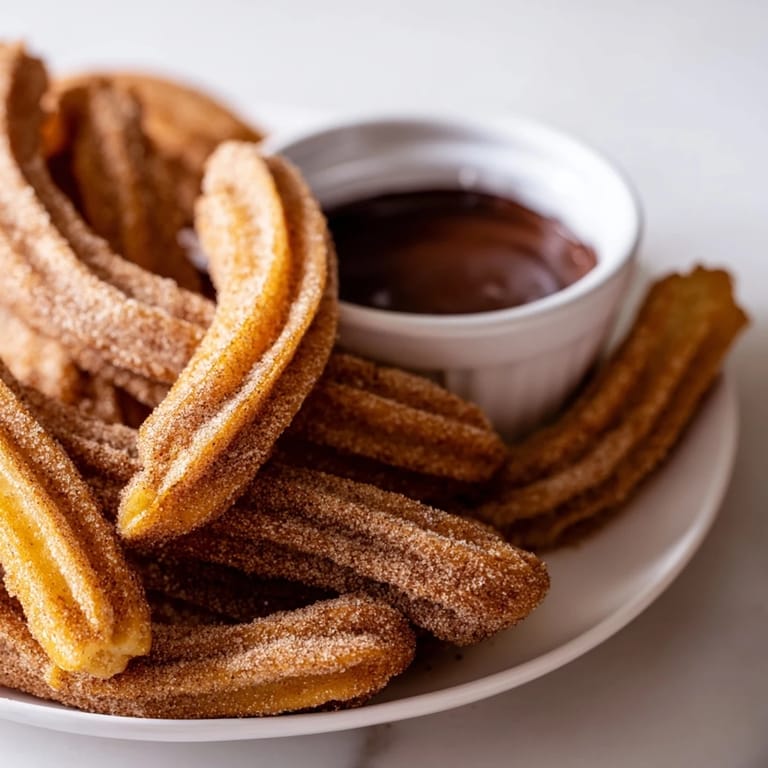 A close-up of warm, sugared churros, the cinnamon scent mingling with rich chocolate dipping sauce.