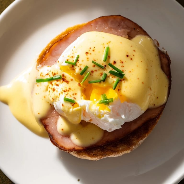 Savory Canadian bacon and tender eggs complete this classic, decadent Eggs Benedict recipe, perfect for brunch.