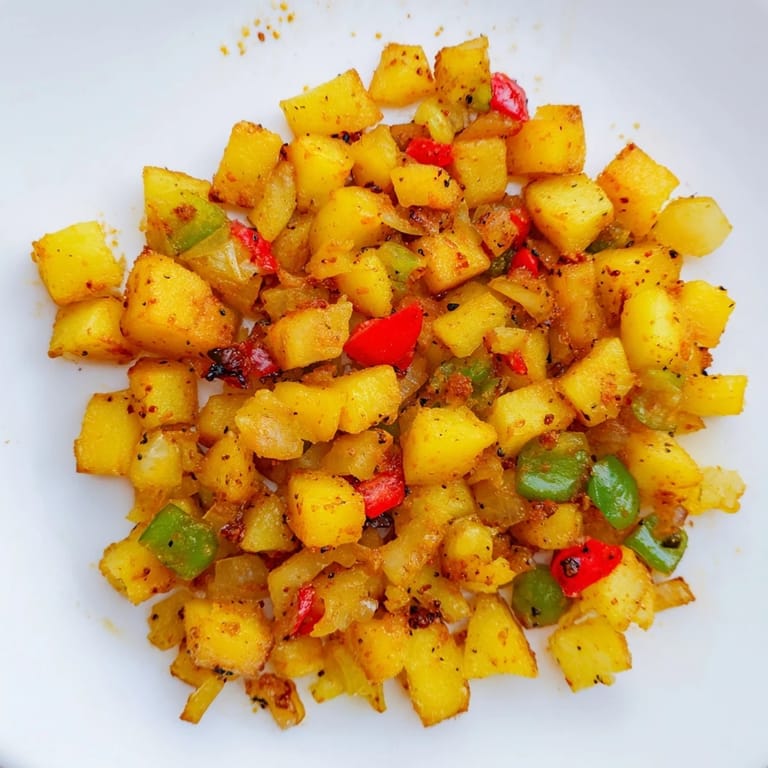 Sizzling skillet of Home Fries: browned potatoes with soft onions and peppers, a classic American side dish.