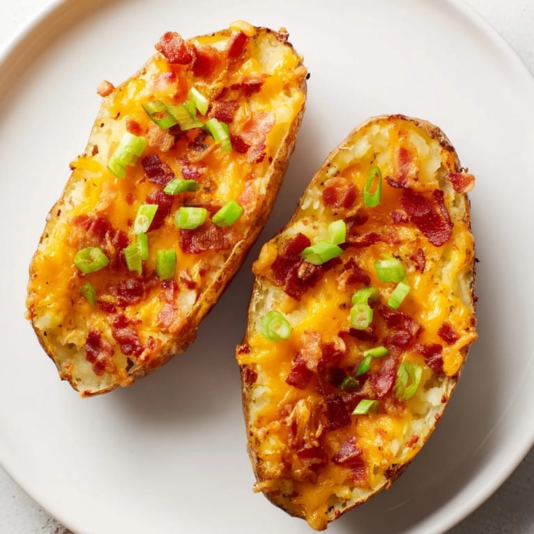 Crispy Potato Skins with melted cheddar, bacon crumbles, and green onion topping for sharing.