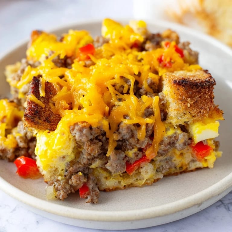 Savory Breakfast Sausage Casserole with visible sausage crumbles, bread cubes, and a cheesy top layer.