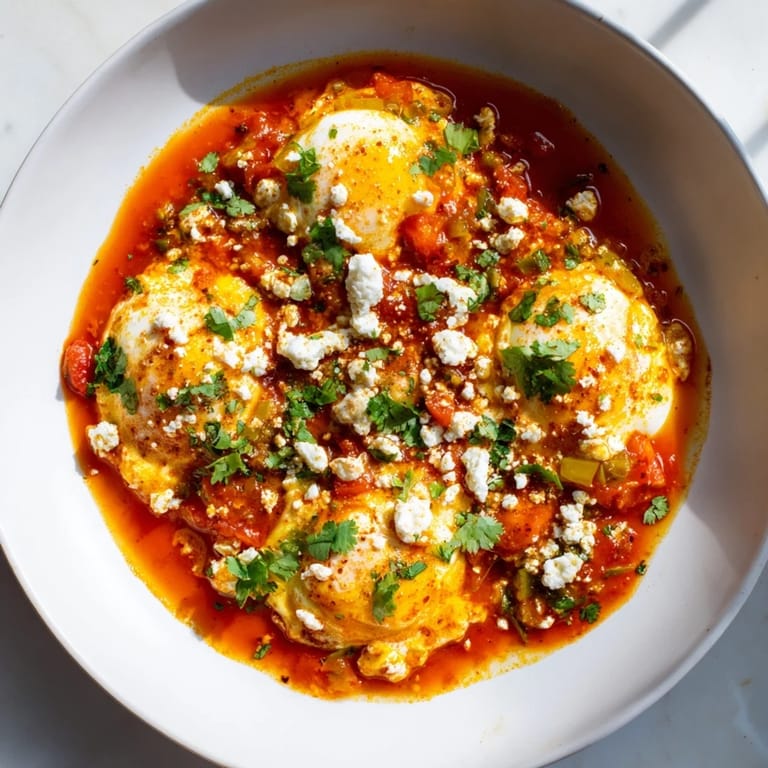 Fresh herbs and feta top the flavorful shakshuka, a delicious Middle Eastern recipe.