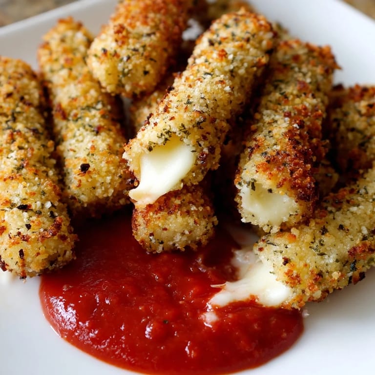 Close-up of crispy, golden mozzarella sticks; an easy American appetizer recipe ready to be devoured.