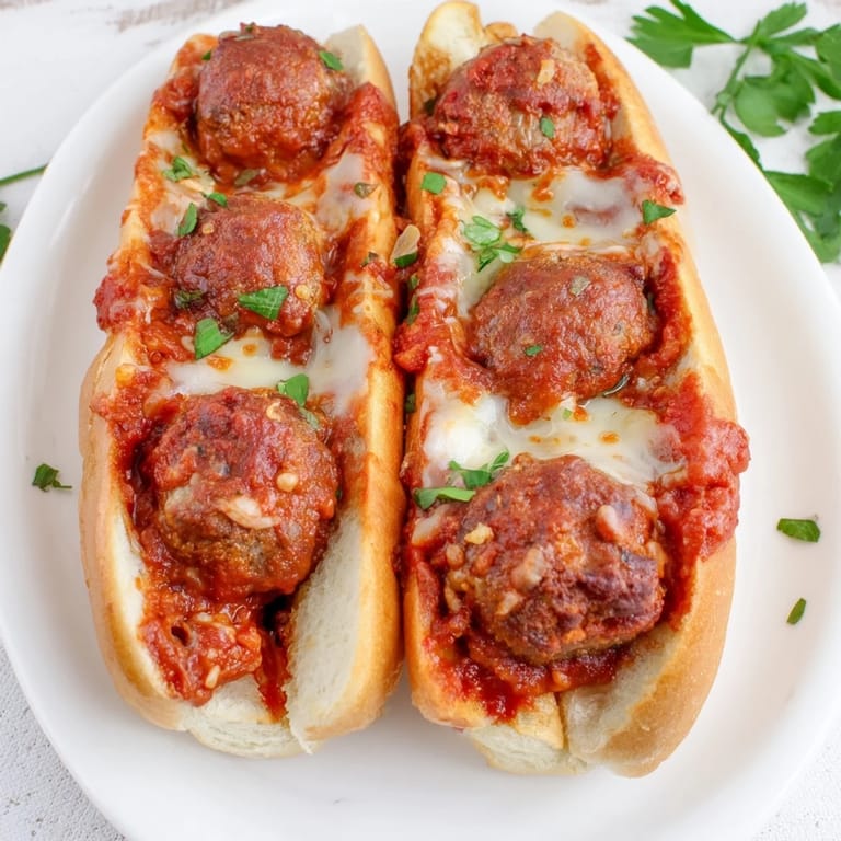 A close-up of a Meatball Sub; warm marinara sauce is drizzling over the cheese.
