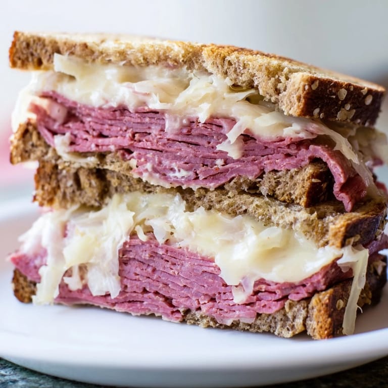 A generously stacked Reuben sandwich with rye bread, ready to be sliced and enjoyed warm.