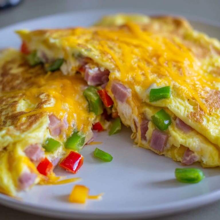 A fluffy, savory Denver Omelet featuring diced ham, peppers, and onions, ready for a delicious breakfast.