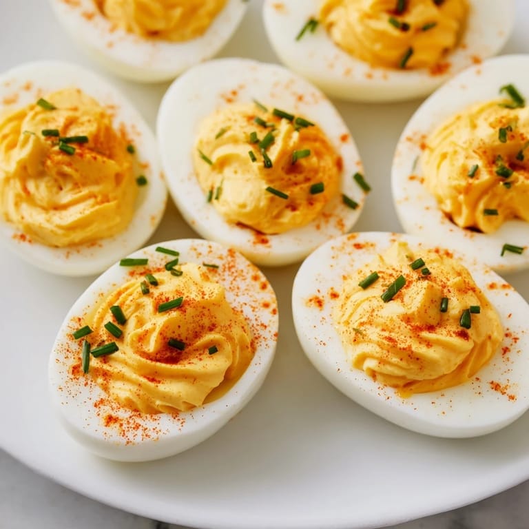 Perfectly halved deviled eggs, filled with a tangy yolk mixture, ideal for summer picnics or parties, garnished and chilled.
