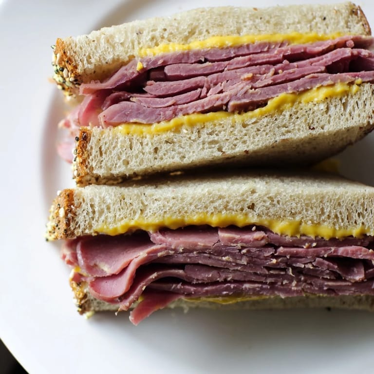 Savory image of a freshly made Pastrami on Rye sandwich, perfect for a quick, satisfying American lunch.