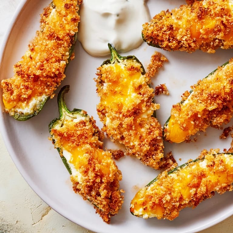 Close-up of crispy, breadcrumb-coated jalapeño poppers, oozing with creamy cheese.