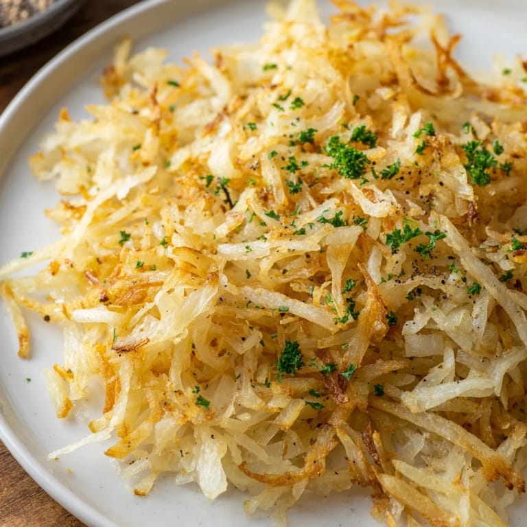 Deliciously crispy hash browns with visible golden edges, perfect for soaking up egg yolk and bacon grease.