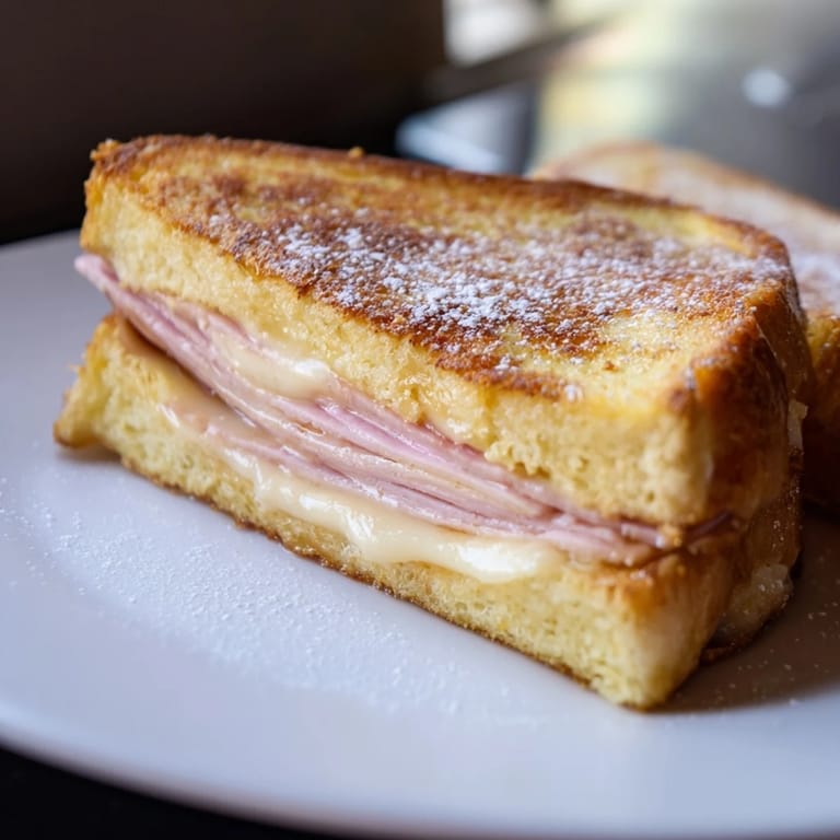 A dusting of powdered sugar tops this delicious Monte Cristo sandwich, ready to enjoy with raspberry jam.