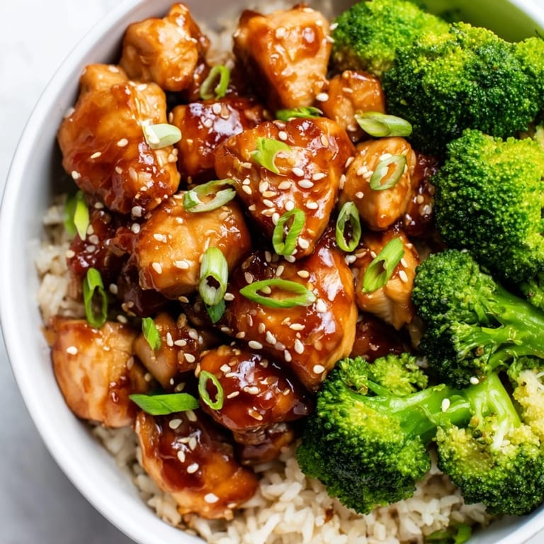 A warm, colorful Sweet Chili Chicken Bowl ready to serve, with savory chicken, steamed broccoli, and fluffy rice garnished with sliced green onions.