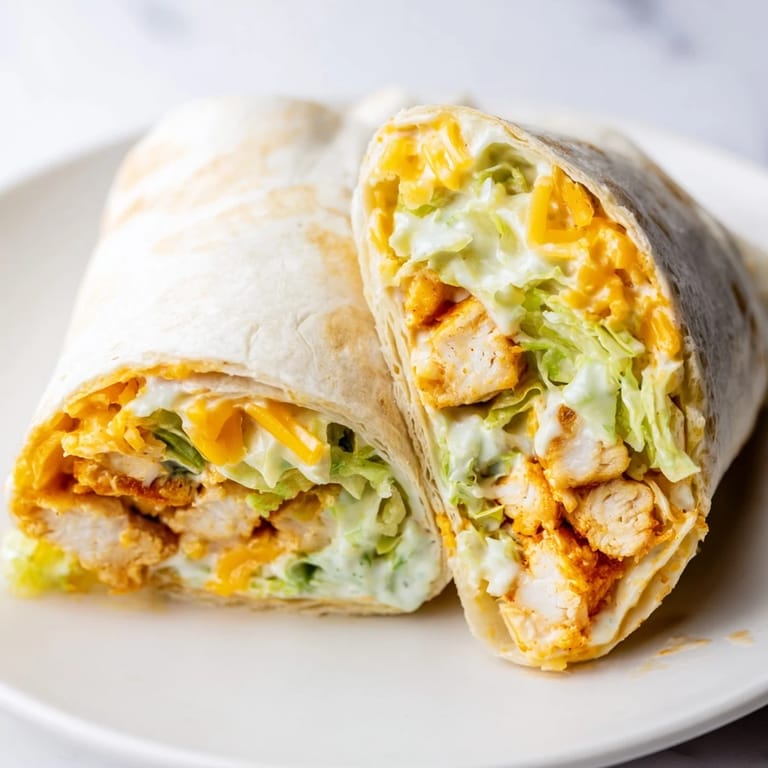 A close-up of a halved Buffalo Ranch Chicken Wrap, showing the juicy buffalo chicken and colorful toppings, perfect for lunch or dinner.