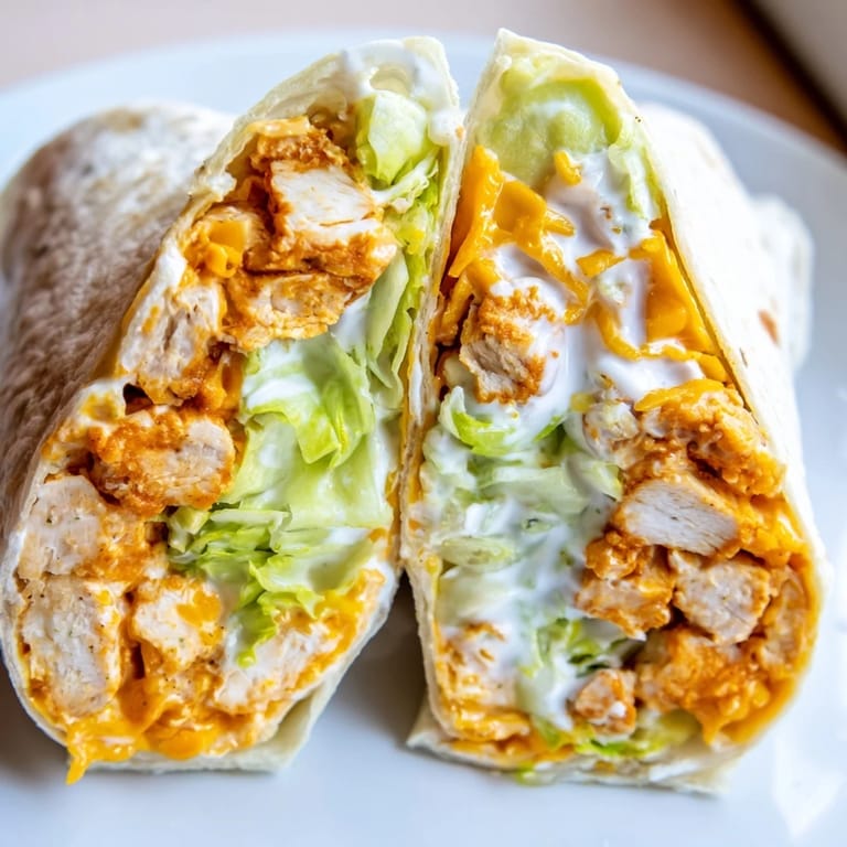 Golden-brown, pan-toasted Buffalo Ranch Chicken Wrap sliced in half, revealing layers of spicy chicken, melted cheese, and fresh lettuce inside.