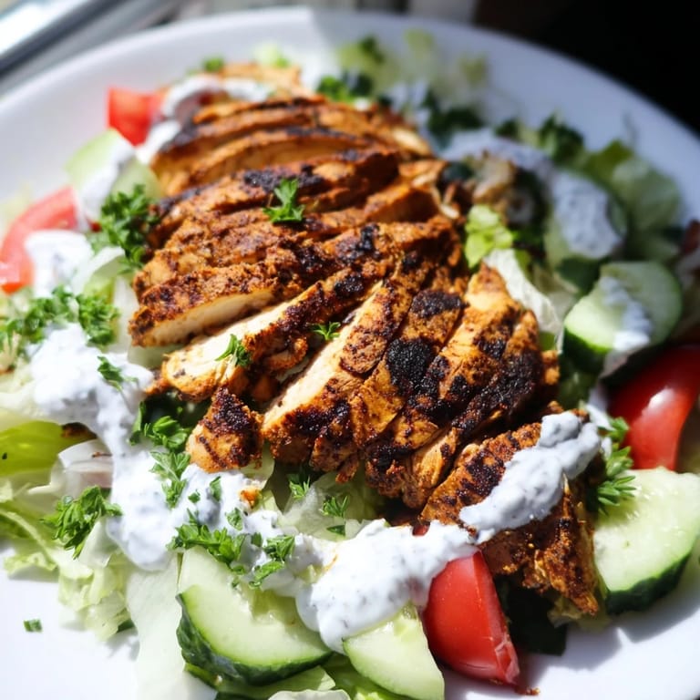 Spiced grilled chicken slices on a bed of mixed greens for a fresh, gluten-free chicken shawarma salad.