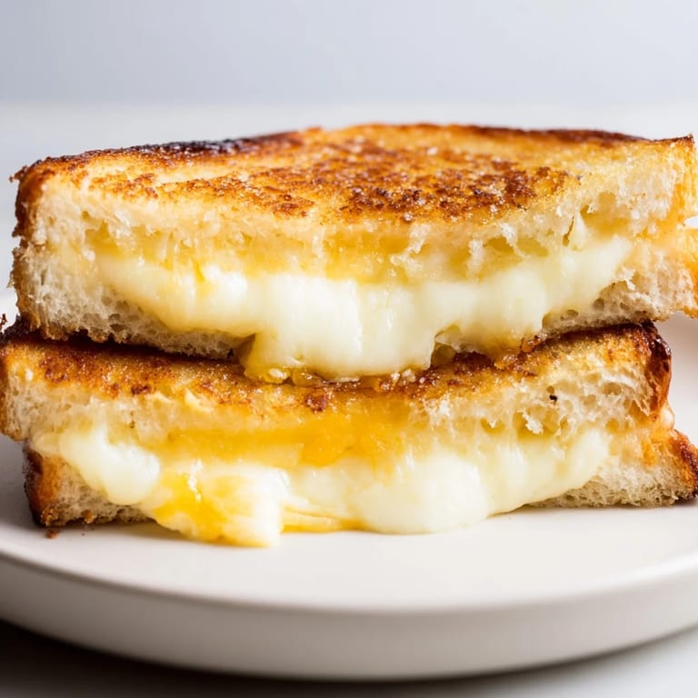 Toasted bread with a rich, gooey three-cheese filling, served hot as a comforting vegetarian main dish.