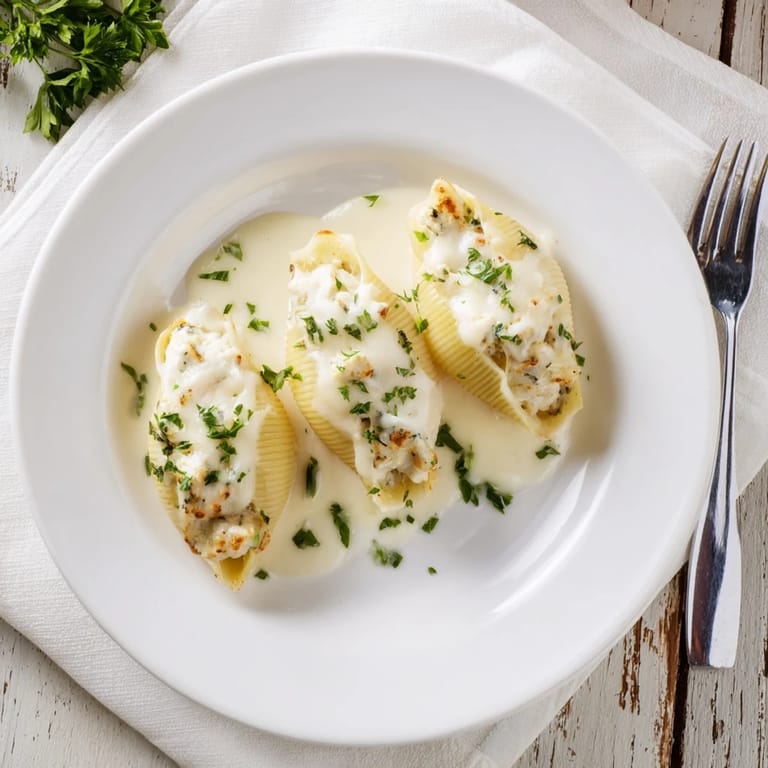 Close-up view of Chicken Alfredo Stuffed Shells on a white plate, garnished with parsley and paired with a green salad.