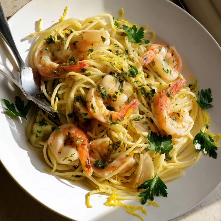 Tossed pasta strands with sautéed shrimp glistening in zesty lemon garlic sauce, ready to serve for a quick dinner.