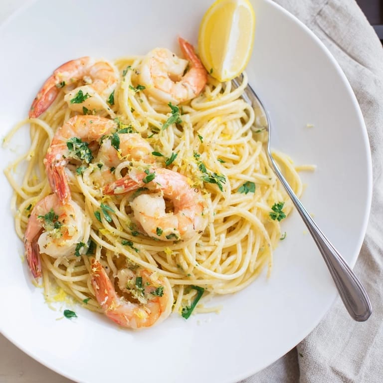 Al dente spaghetti and plump shrimp coated in a buttery lemon garlic sauce, topped with Parmesan and fresh parsley.