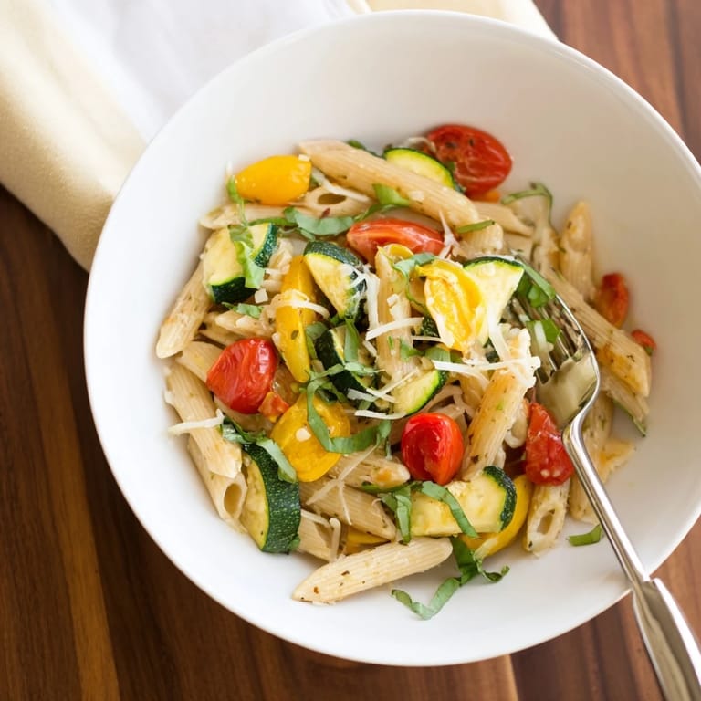 A skillet of Garden Veggie Pasta being tossed with olive oil and garlic, steam rising from bright summer vegetables.