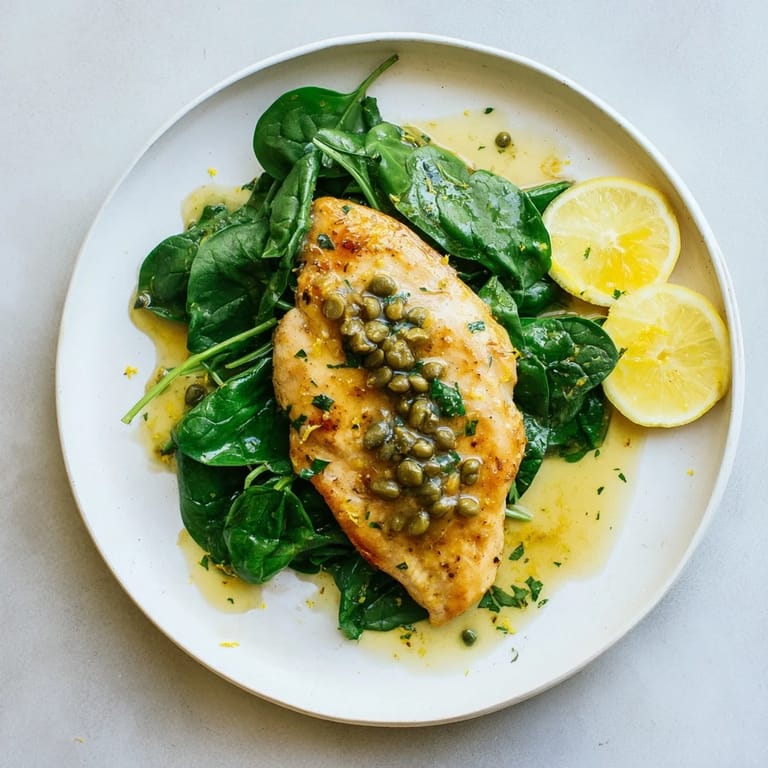 Tender pan-seared Spinach Lemon Butter Chicken in a silky lemon-butter sauce, garnished with fresh parsley and lemon slices.