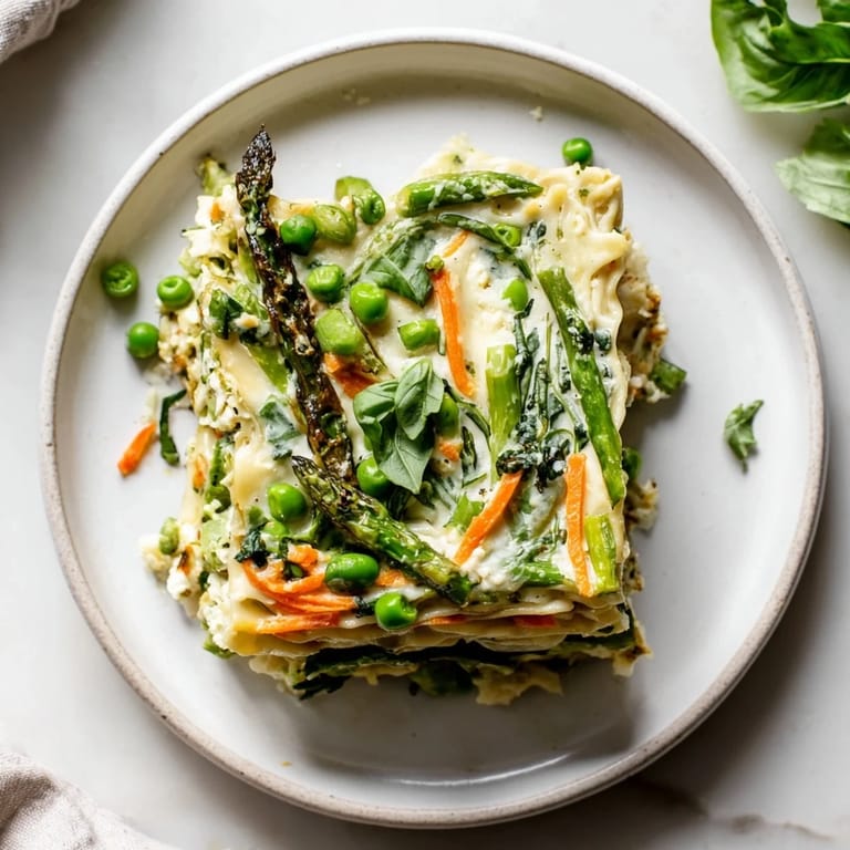 Freshly baked Spring Veggie Alfredo Lasagna reveals colorful asparagus, snap peas, and spinach nestled between tender noodles and rich sauce.