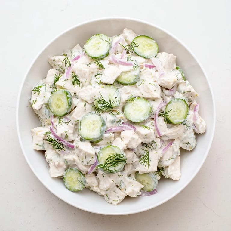 Bright, top-down photo of creamy cucumber chicken salad on a wood table, ideal for a light summer lunch or protein-packed meal.