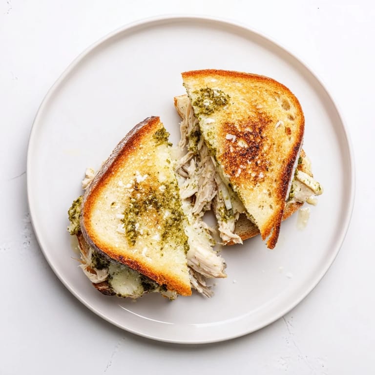 A close-up of a Mozzarella Pesto Chicken Grilled Cheese sandwich revealing gooey, stretched mozzarella and fresh basil between crispy golden bread slices.  
