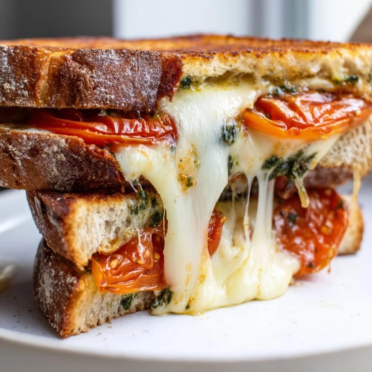 A close-up of the Roasted Tomato Pesto Grilled Cheese highlights gooey cheese and caramelized tomatoes between crispy, golden-brown bread.