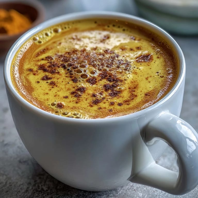 Steaming mug of golden milk beside ground spices and fresh ginger, showcasing the warming, aromatic ingredients of this soothing drink.
