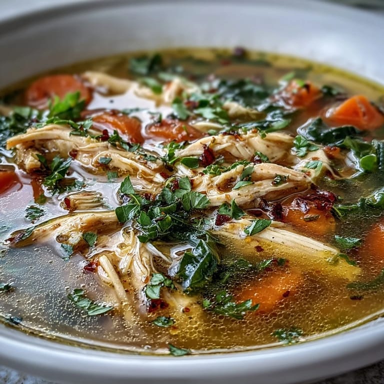 Bright, nourishing High Protein Lemon and Turmeric Chicken Soup in a white bowl, topped with fresh parsley and lemon wedges.