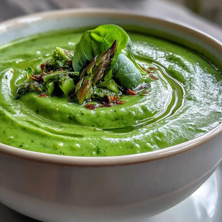 Steam rises from a bowl of the Big Green Immunity-Boosting Vegetable Soup, highlighting its smooth texture and flecks of broccoli and asparagus.