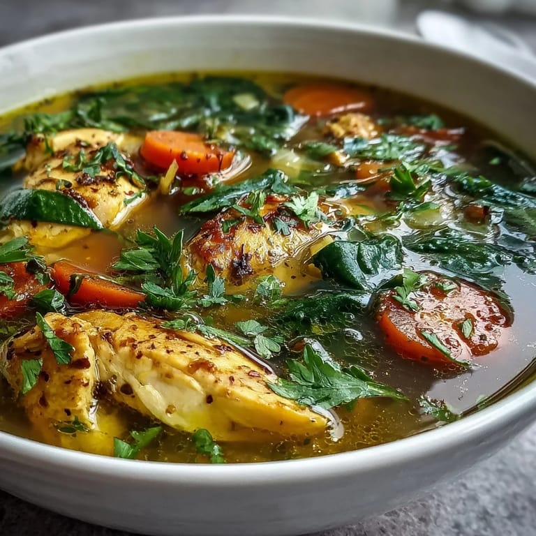 Hearty Turmeric Chicken Soup served in a white ceramic bowl, garnished with parsley and a lemon wedge.