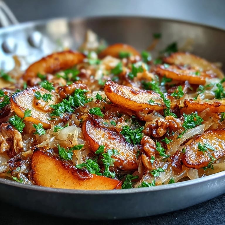 A vibrant skillet salad of caramelized apples and tangy sauerkraut, served warm with optional nuts and herbs.