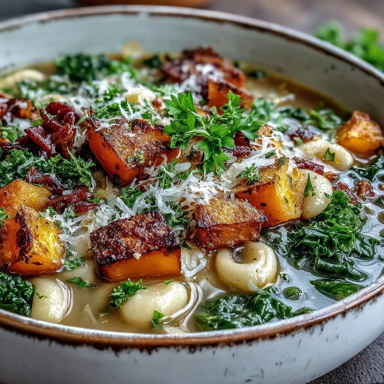 Close-up of Fall Minestrone showcasing ditalini pasta, butternut squash cubes, and savory pancetta in a rich tomato broth.